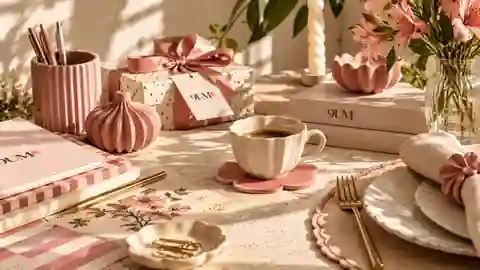 Composição editorial 9UM com papelaria rosa, presente com laço, flores, louças e xícara de café